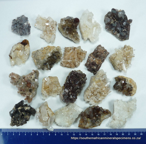 Twenty quartz crystal specimens