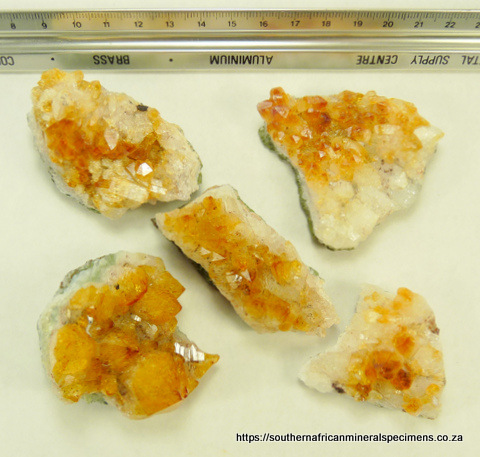 Five citrine quartz specimens (heat-treated) from Brazil