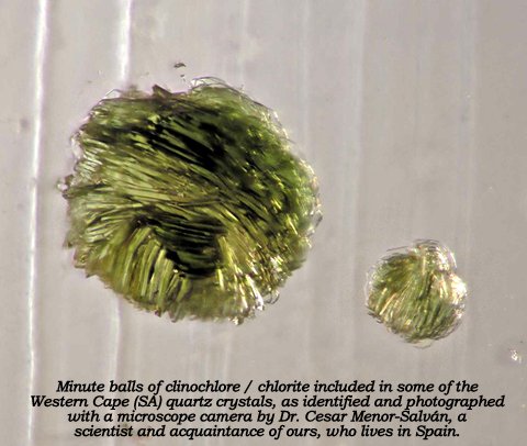 Minute balls of clinichlore / chlorite included in some quartz